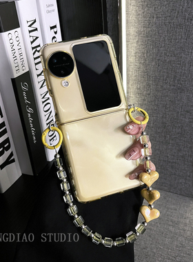 轻调 奶油风侧扣透黄爱心方块手提链适用于oppo findn3/2flip手机壳新款折叠屏网红超薄翻盖高级感防摔保护套