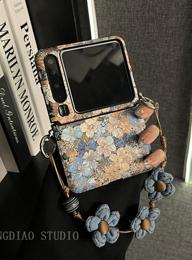 轻的 ins艺术风烫金蓝色花朵手提链适用于华为Pura X手机壳全包新款purax典藏版折叠屏p50宝盒翻盖防摔保护套