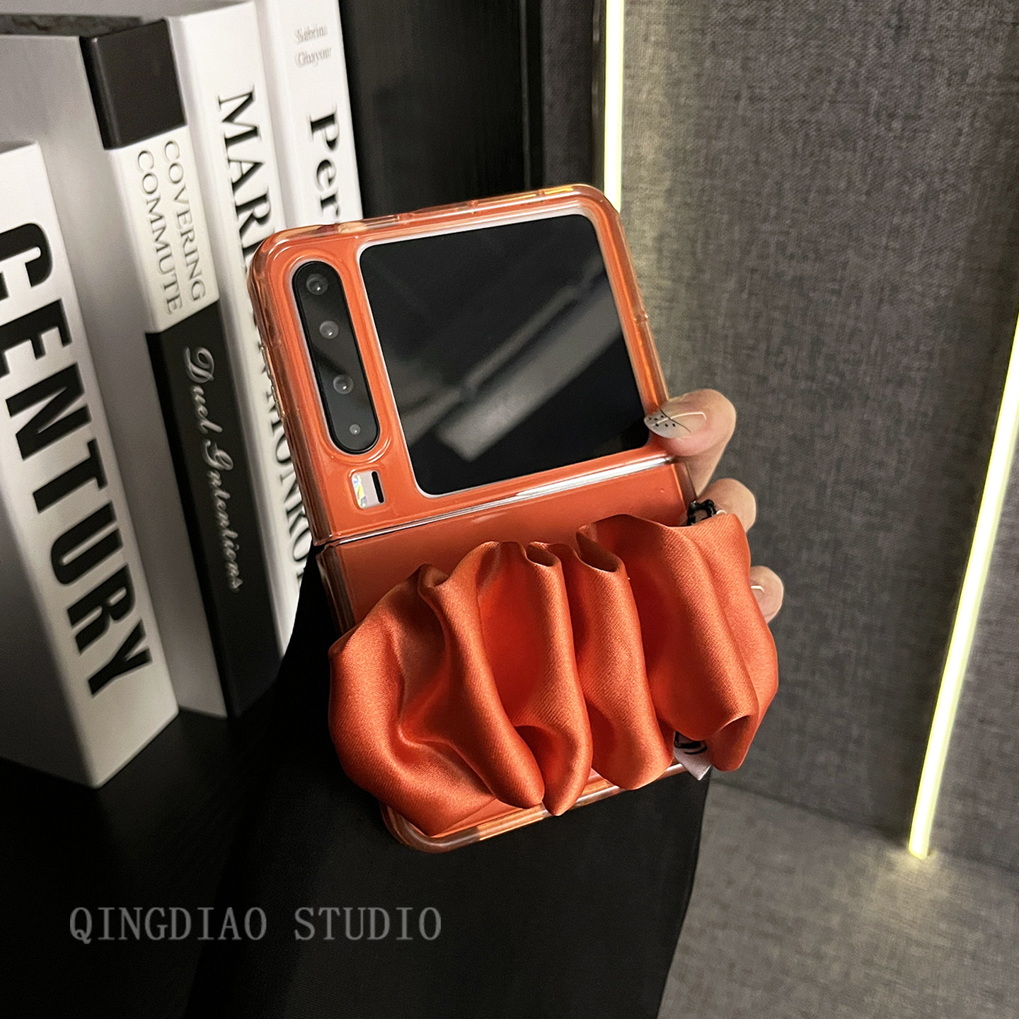 轻调 高档果冻壳橙色褶皱丝巾腕带适用于华为Pura X手机壳全包新款purax典藏版折叠屏p50宝盒翻盖防摔保护套