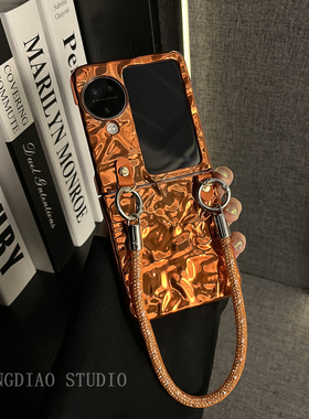 轻调 高档橙色褶皱网银丝闪钻手提绳适用于oppo findn3/2flip手机壳新款折叠屏网红超薄翻盖防摔保护套手机壳