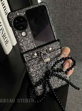 银黑高档皮质闪片蝴蝶结挂件适用oppofindn3flip手机壳全包新款oppo折叠屏日韩网红N2+Flip翻盖防摔保护套潮