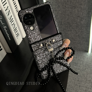 银黑高档皮质闪片蝴蝶结挂件适用oppofindn3flip手机壳全包新款oppo折叠屏日韩网红N2+Flip翻盖防摔保护套潮