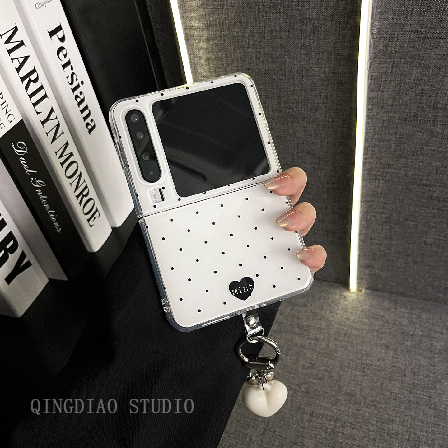 轻调 韩风ins唯美白底波点爱心挂件适用于华为Pura X手机壳全包新款purax典藏版折叠屏p50宝盒翻盖防摔保护套