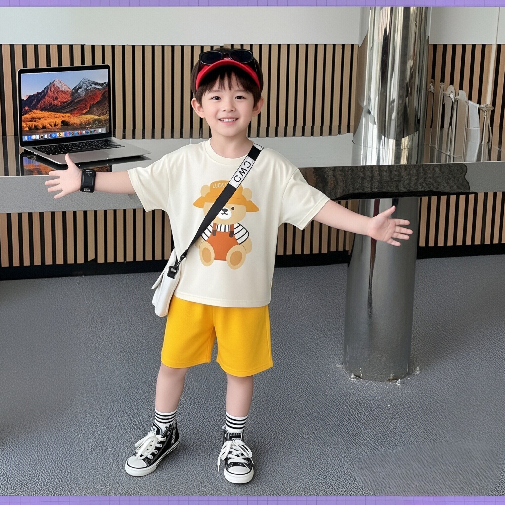 2026新款卡通风男童夏季套装小熊印花T恤短裤宝宝两件套洋气时髦