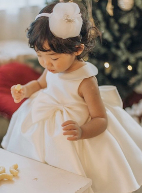 女童周岁礼服女宝宝春夏儿童白色抓周主持婚礼花童洋气高端公主裙