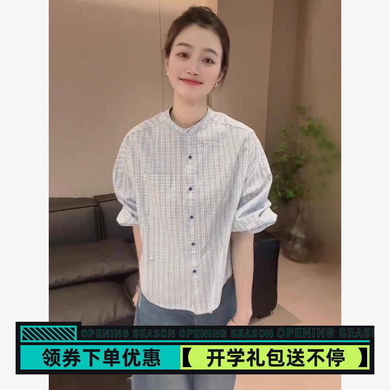 春季圆领格纹长袖女式衬衫2025新流行衬衫法国设计上衣的女性春秋