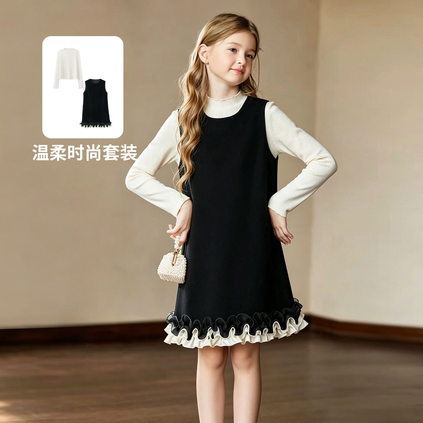 女童秋冬丝绒背心裙两件套