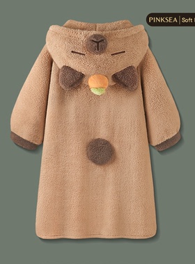 睡衣秋冬女款可爱卡皮巴拉加厚珊瑚绒长款睡袍冬季保暖大码家居服