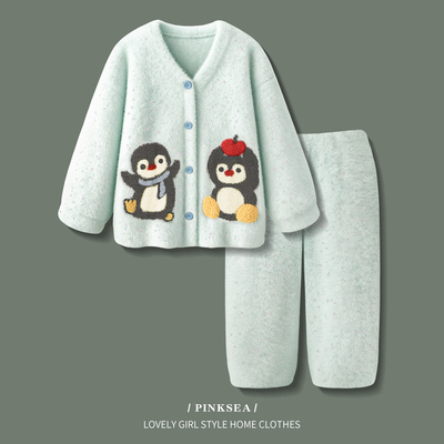 半边绒睡衣女款可爱秋冬保暖套装