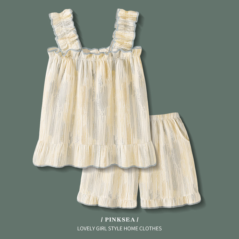 睡衣女夏天梭织纯棉纱布吊带短裤套装2023年新款可爱女士家居服夏