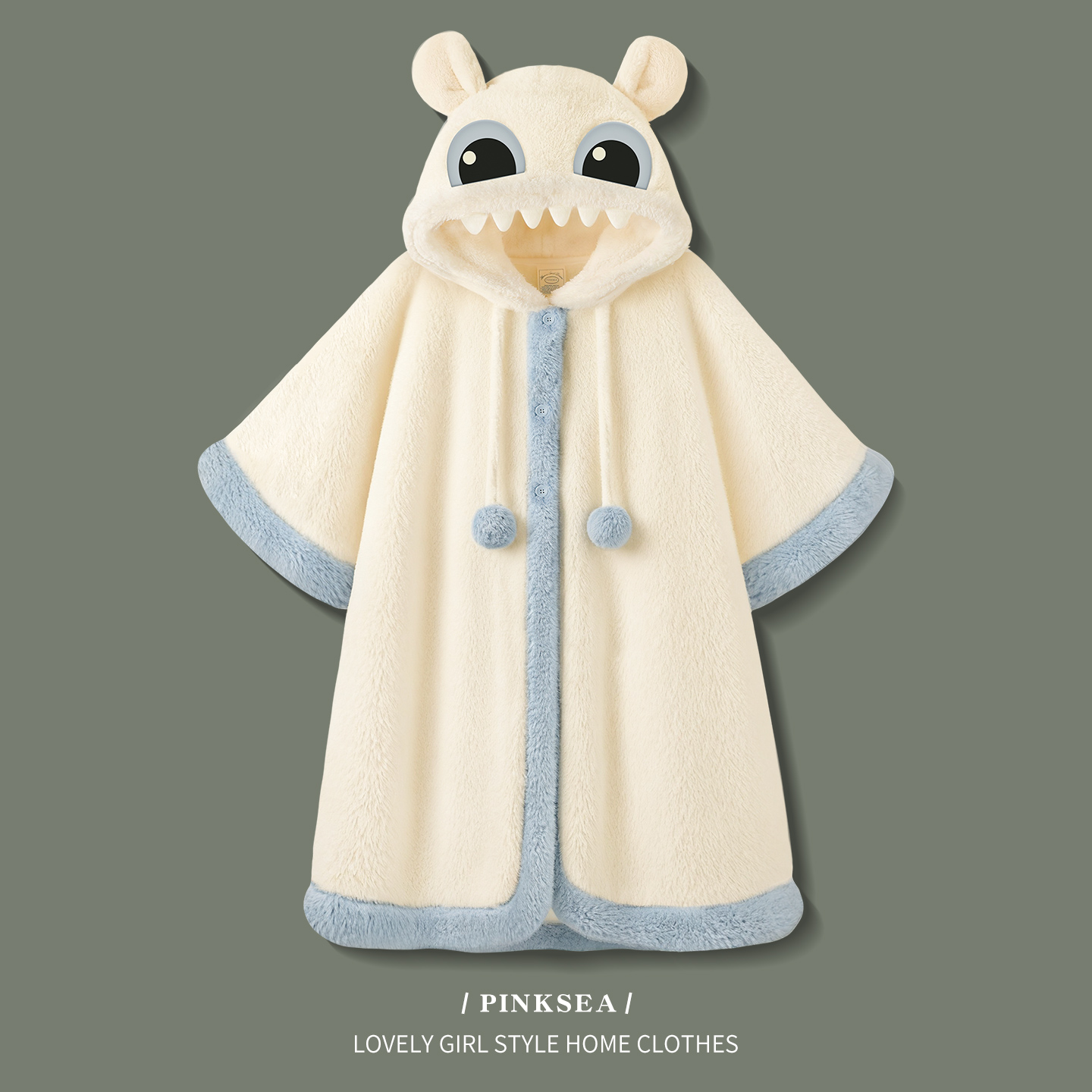 Pinksea珊瑚绒睡袍斗篷女秋冬可爱加厚长袖中长款大码睡衣家居服