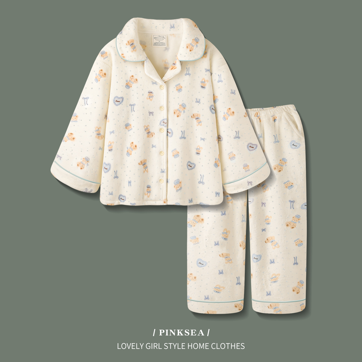 法兰绒睡衣女秋冬可爱保暖家居服