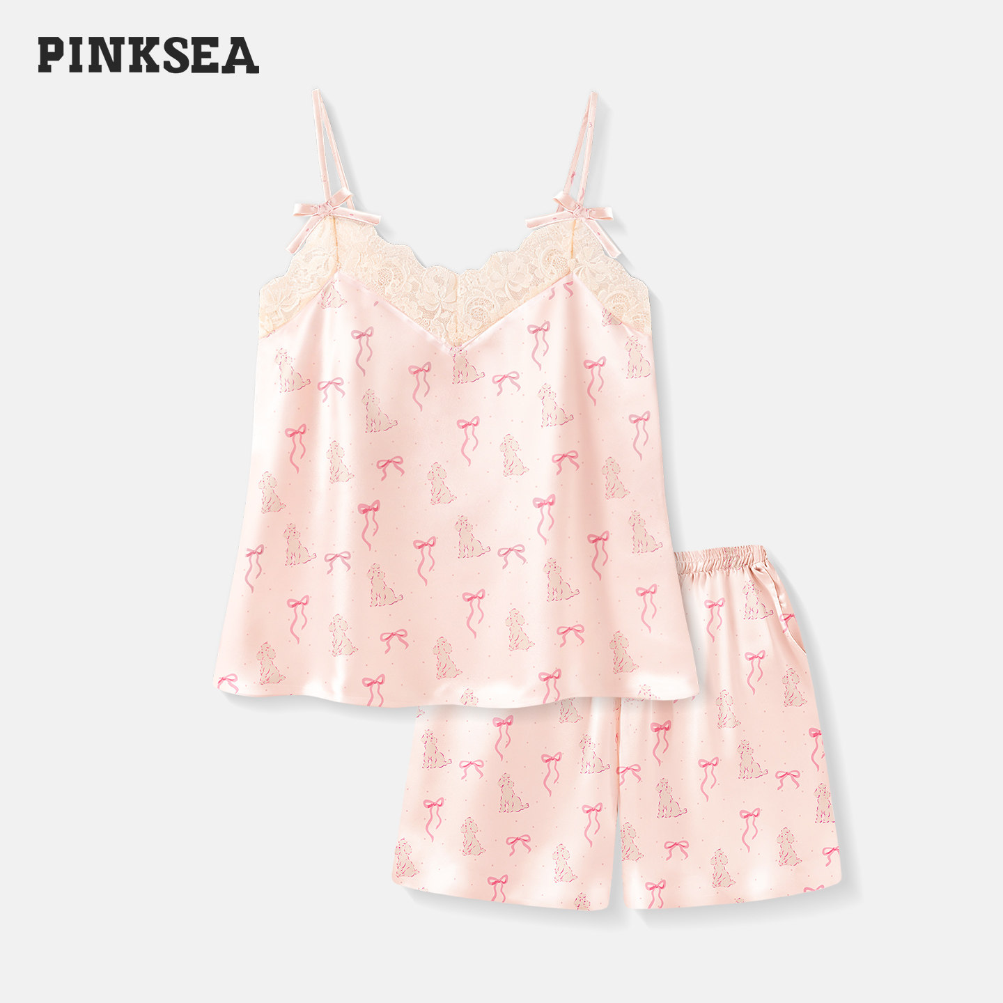 Pinksea冰丝睡衣女夏季甜美蕾丝吊带短裤套装凉感防静电家居服