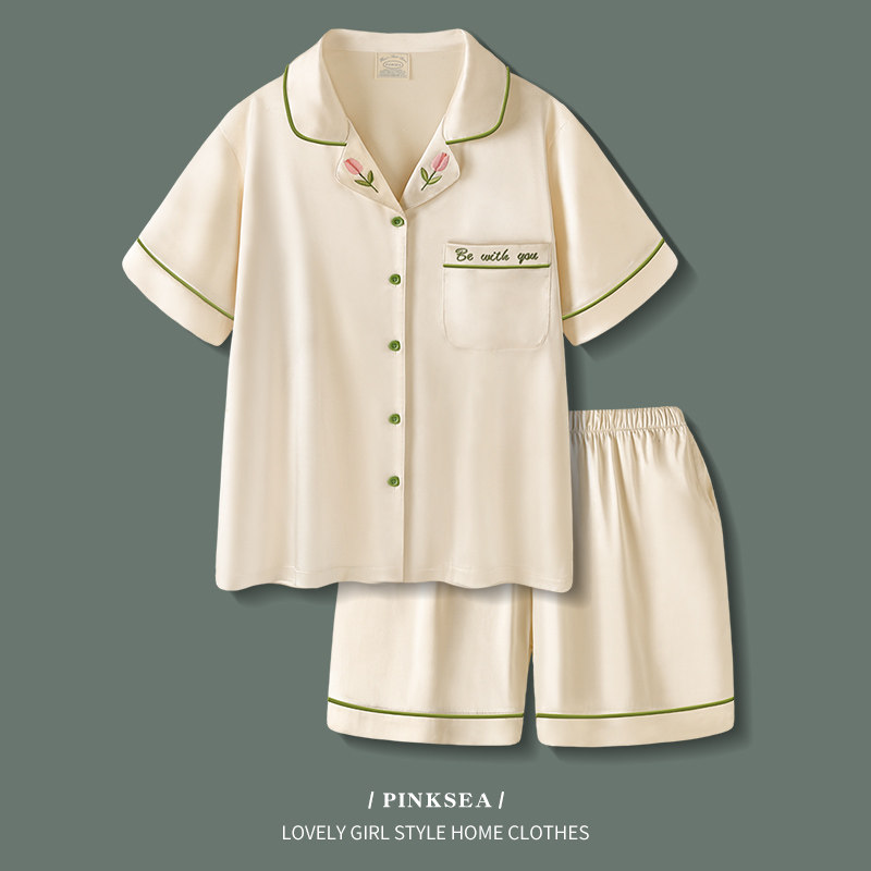 冰丝睡衣女夏季短袖短裤仿真丝绸家居服两件套高级感可外穿套装