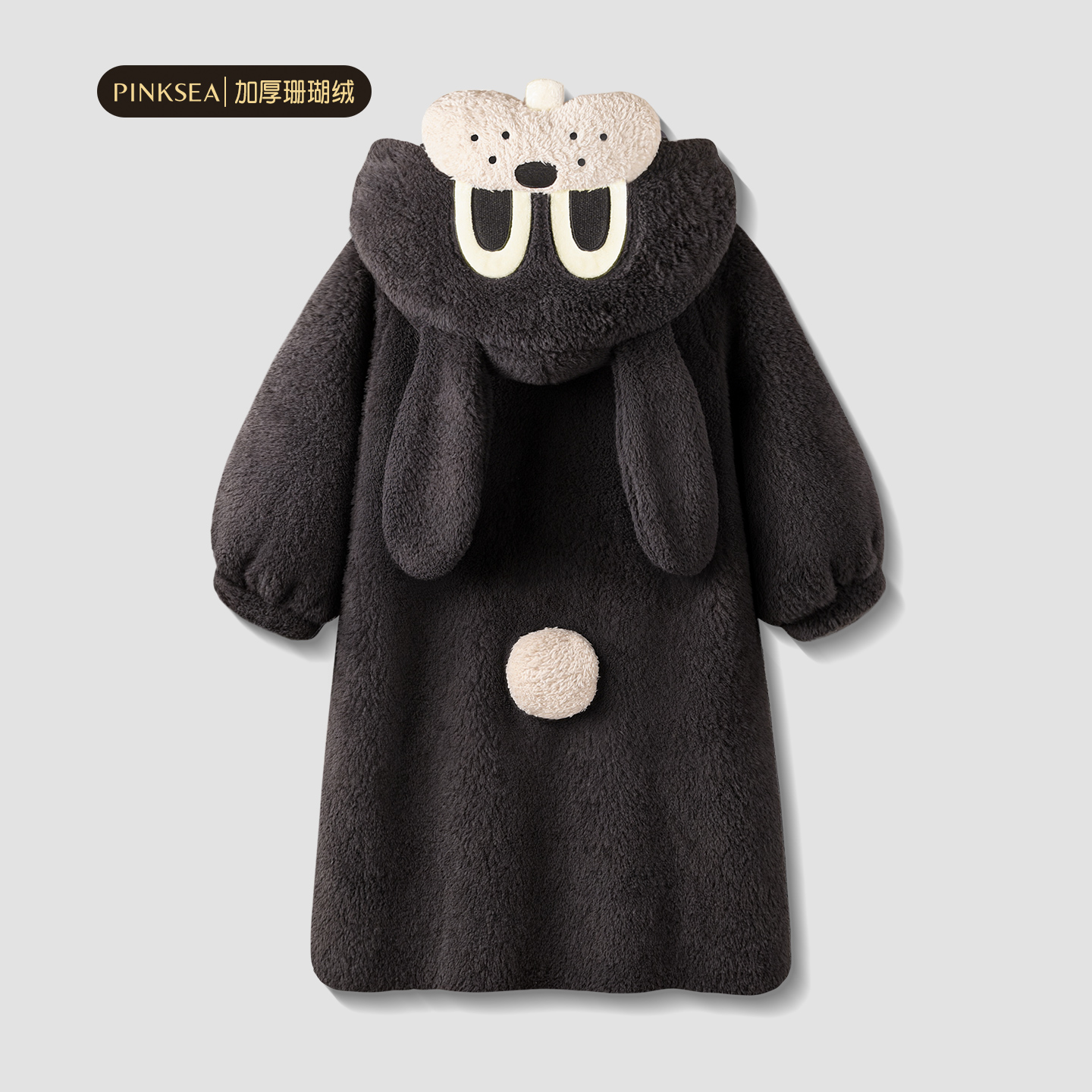 睡袍女款冬季加厚黑皮小兔睡衣