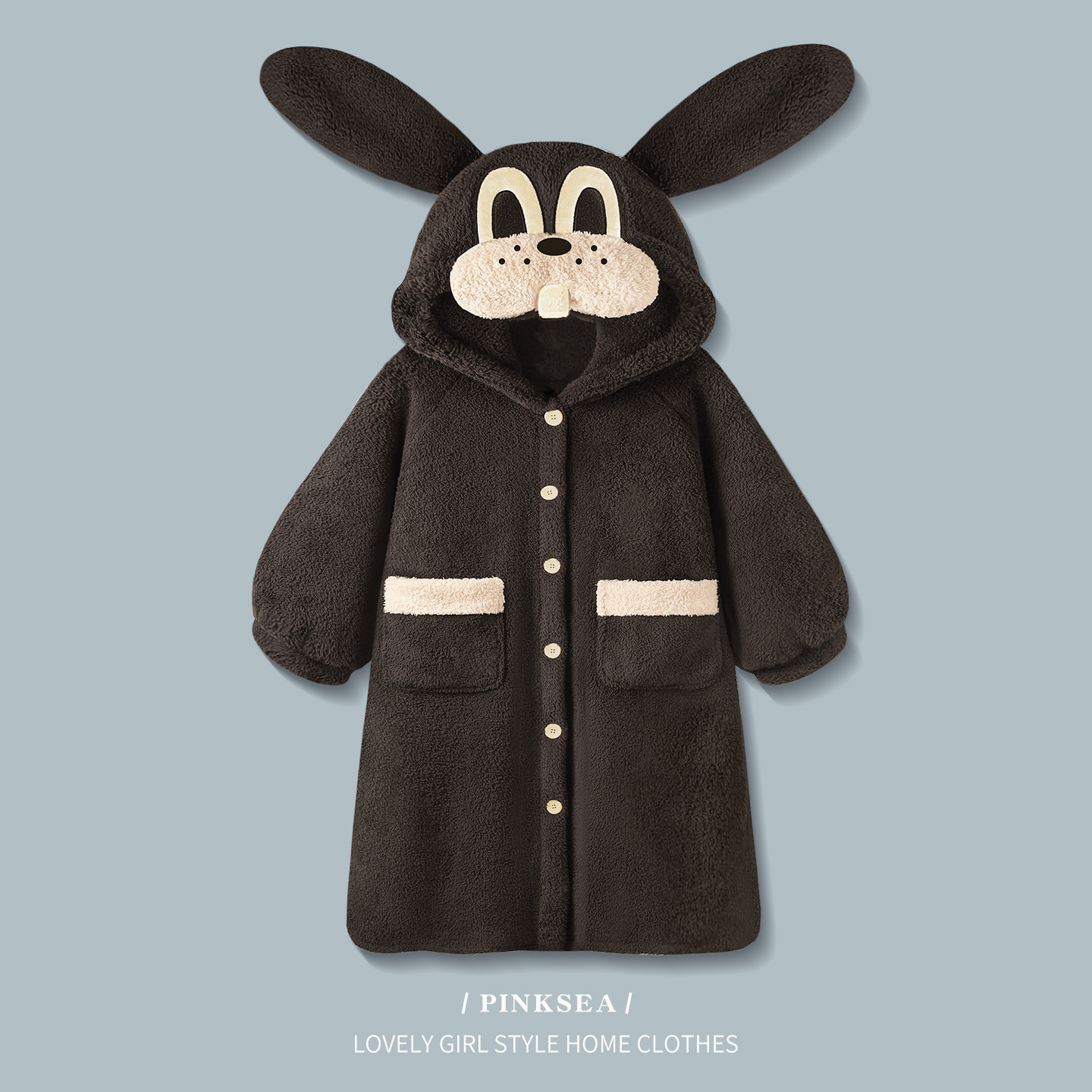 Pinksea睡袍女款冬季加厚黑皮小兔中长浴袍睡衣新款可外穿家居服,女士内衣/男士内衣/家居服,睡袍/浴袍,淘宝优惠券,粉丝福利购,淘宝优惠卷