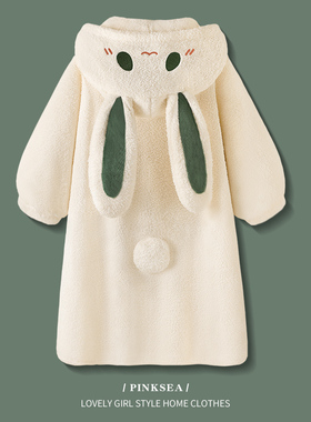 睡袍女冬季珊瑚绒可爱连帽中长款家居服加厚加绒秋冬款浴袍睡衣