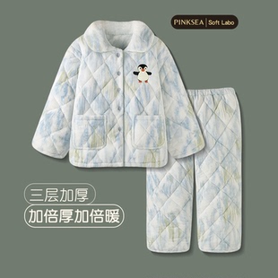 睡衣秋冬款 女三层夹棉珊瑚绒保暖家居服新款 冬季 加厚加绒棉袄套装
