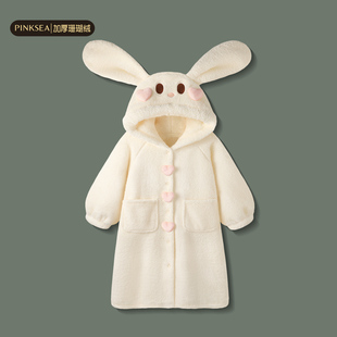 可爱睡衣 新款 Pinksea珊瑚绒睡袍女款 柔软加厚连帽小兔家居服冬季
