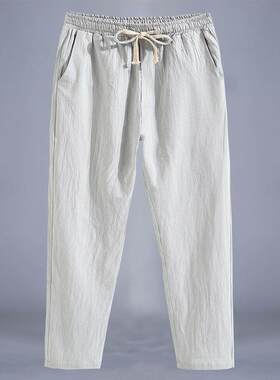 棉麻9九分裤男夏季薄款宽松大码运动直筒裤亚麻裤子男士休闲长裤