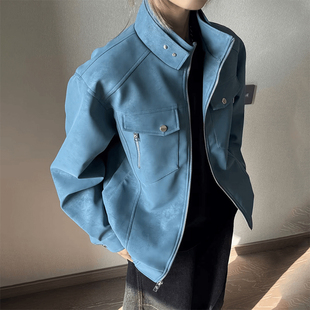 复古pu皮短款 蓝色立领工装 高级感美式 秋季 飞行夹克棒球服 外套男款