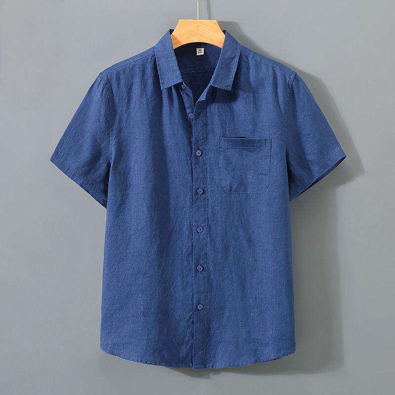 夏季男士口袋短袖亚麻衬衫男休闲棉麻薄款半袖衬衣开衫上衣外套潮