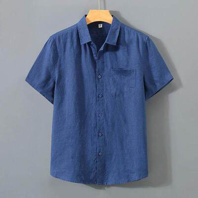 夏季男士口袋短袖亚麻衬衫男休闲棉麻薄款半袖衬衣开衫上衣外套潮