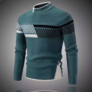 秋冬加厚条纹半高领百搭套头毛衣男潮流修身 毛线衣 撞色打底针织衫