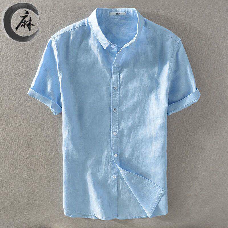 纯亚麻短袖衬衫男士薄款休闲修身天蓝色日系棉麻料衬衣男寸衫夏季