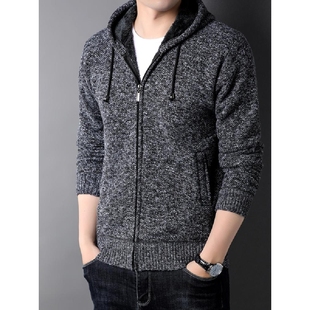秋冬季开衫外套男士韩版加绒加厚针织衫外穿加肥加大连帽夹克男装