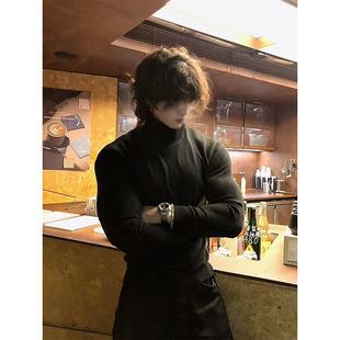 黑色可翻高领毛衣男款冬季修身显肌肉保暖打底针织衫内搭长袖上衣