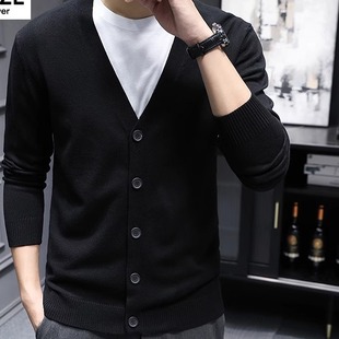 高级感休闲外穿V领线衣黑色 2025春秋新款 毛衣开衫 男针织外套薄款