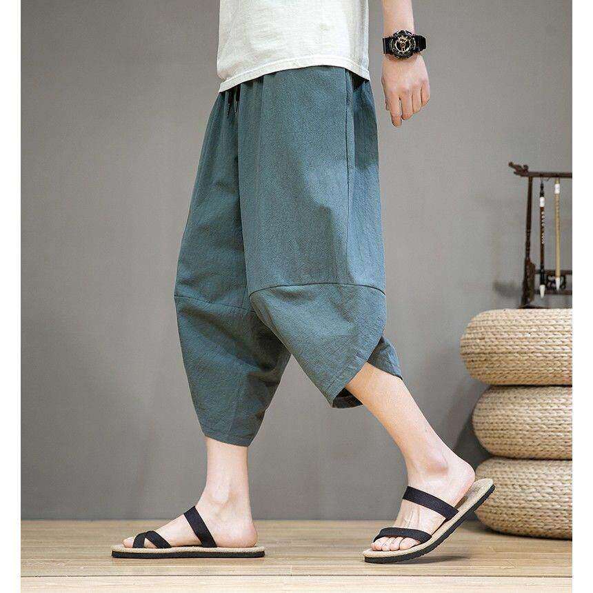 夏季灯笼裤男士短裤子阔腿小脚宽松大码中国风七分沙滩哈伦休闲裤