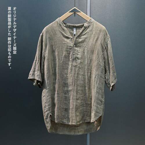 新中式复古做旧感亚麻短袖男士夏季高级感扎染棉麻半袖外穿衬衣男