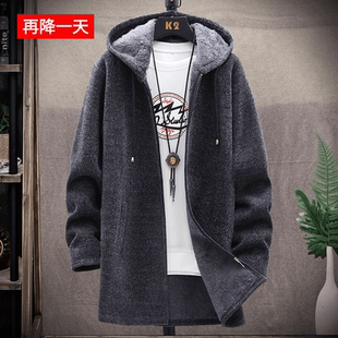 中长款加绒加厚款连帽毛线衣男士休闲外套潮流保暖秋冬季针织开衫