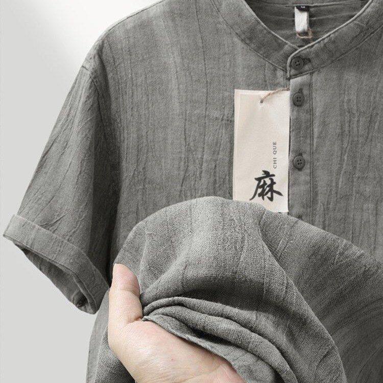 高端亚麻立领短袖t恤男士夏季薄款中国风宽松上衣复古半袖体恤