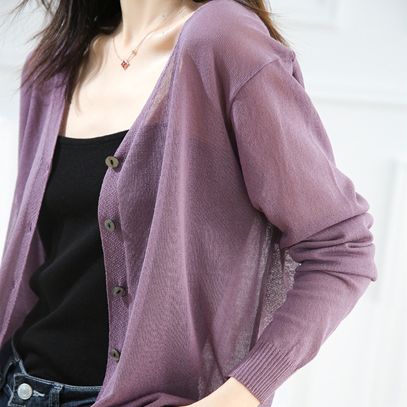 2022新款针织开衫女薄款冰丝宽松V领防晒外套短款长袖空调衫外搭