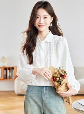 棉茧 白色衬衫女早秋新款娃娃领钩花镂空泡泡袖上衣通勤休闲Ins