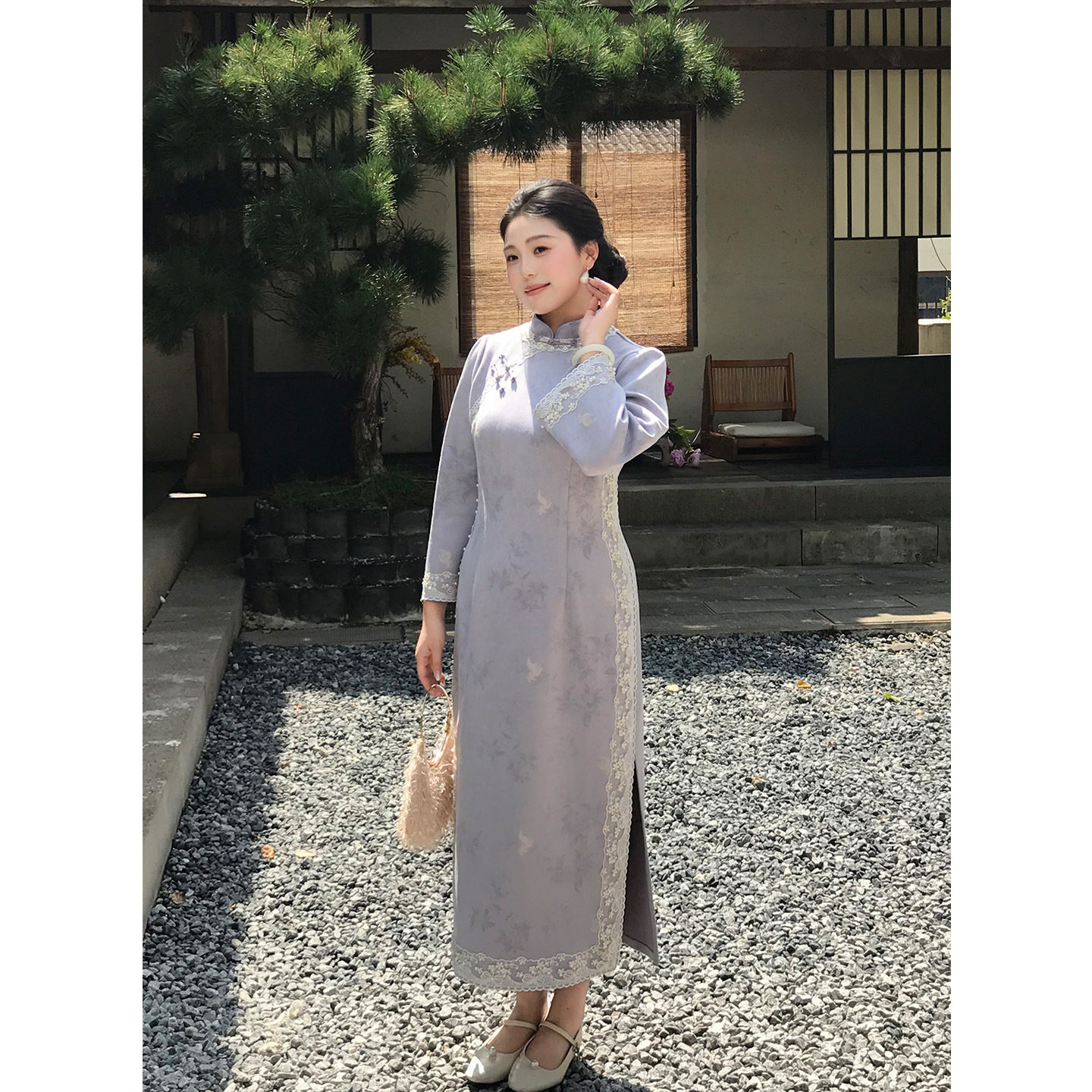 国风新中式麂皮绒印花裙2026女秋冬季新款气质显瘦大码旗袍