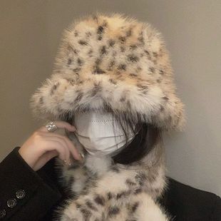 甬制帽子保暖水桶豹纹帽围巾护耳秋冬季 毛绒耳朵感尖帽豹纹氛围皮