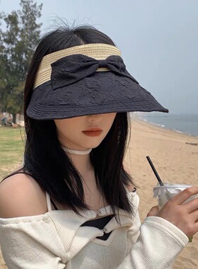 小众褶皱泡泡纱空顶帽子女夏季小清新蝴蝶结遮阳帽大檐防晒太阳帽