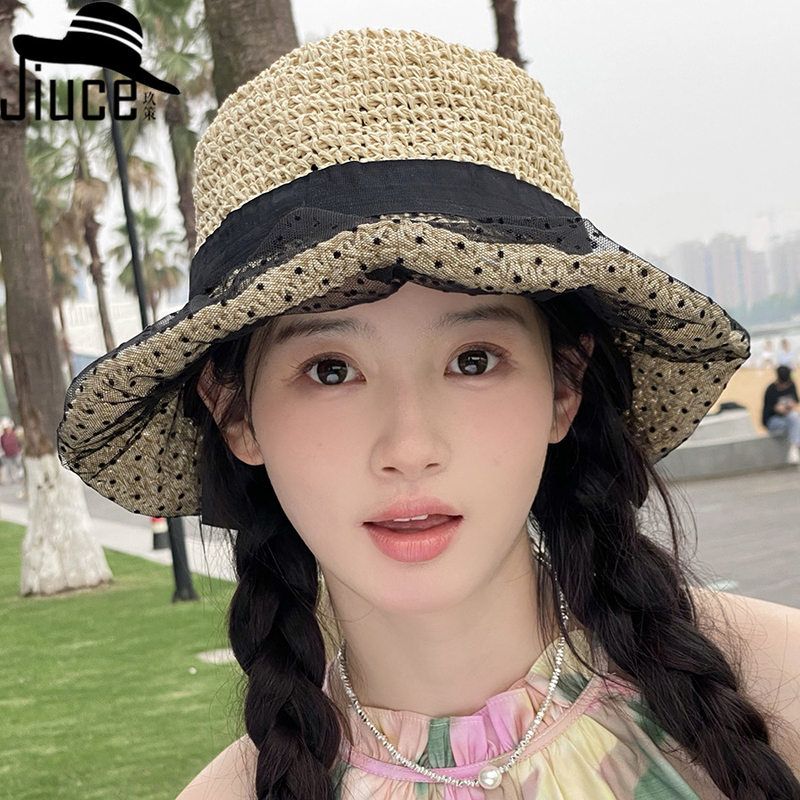甬制太阳帽子草帽渔夫帽韩国檐夏季编织宽手工女波点蕾丝新款防晒
