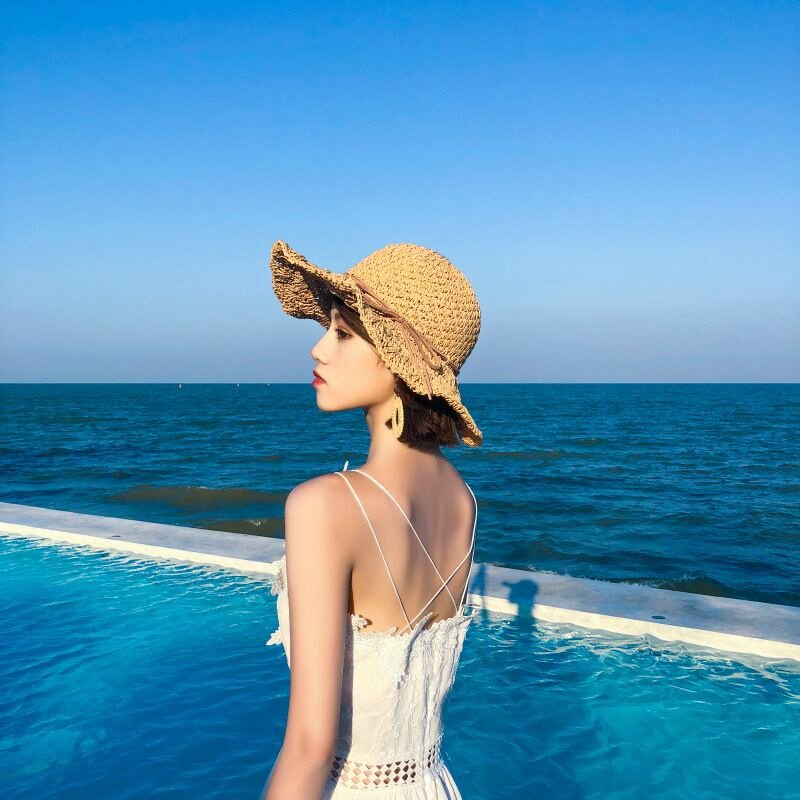新款草帽女夏天chic海边出游沙滩遮阳帽韩版百搭手工潮防晒可折