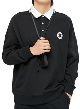 男士复古撞色衬衫领oversize卫衣宽松大码学院风黑色套头ins韩版