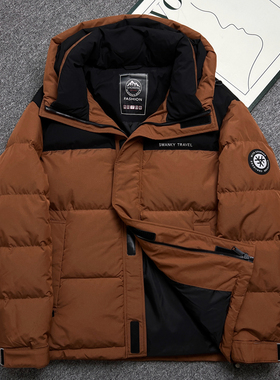 撤柜男士美拉德复古撞色蓬松保暖防寒外套连帽面包服白鸭绒羽绒服