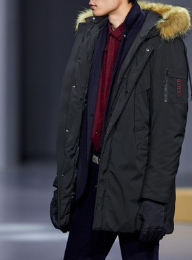 男士连帽中长款黑色厚羽绒服舒适温暖轻户外派克大衣貂毛领外套潮