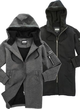 断码清仓出韩国男士冬季加绒加厚中长款太空棉连帽卫衣羊羔绒风衣