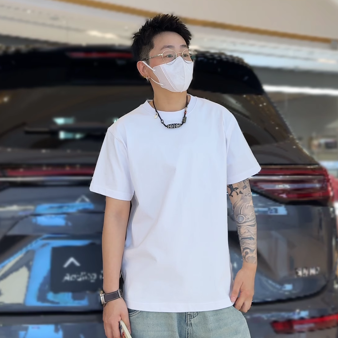 美式重磅白色正肩短袖t恤男款青少年纯棉内搭圆领情侣痞帅半分袖