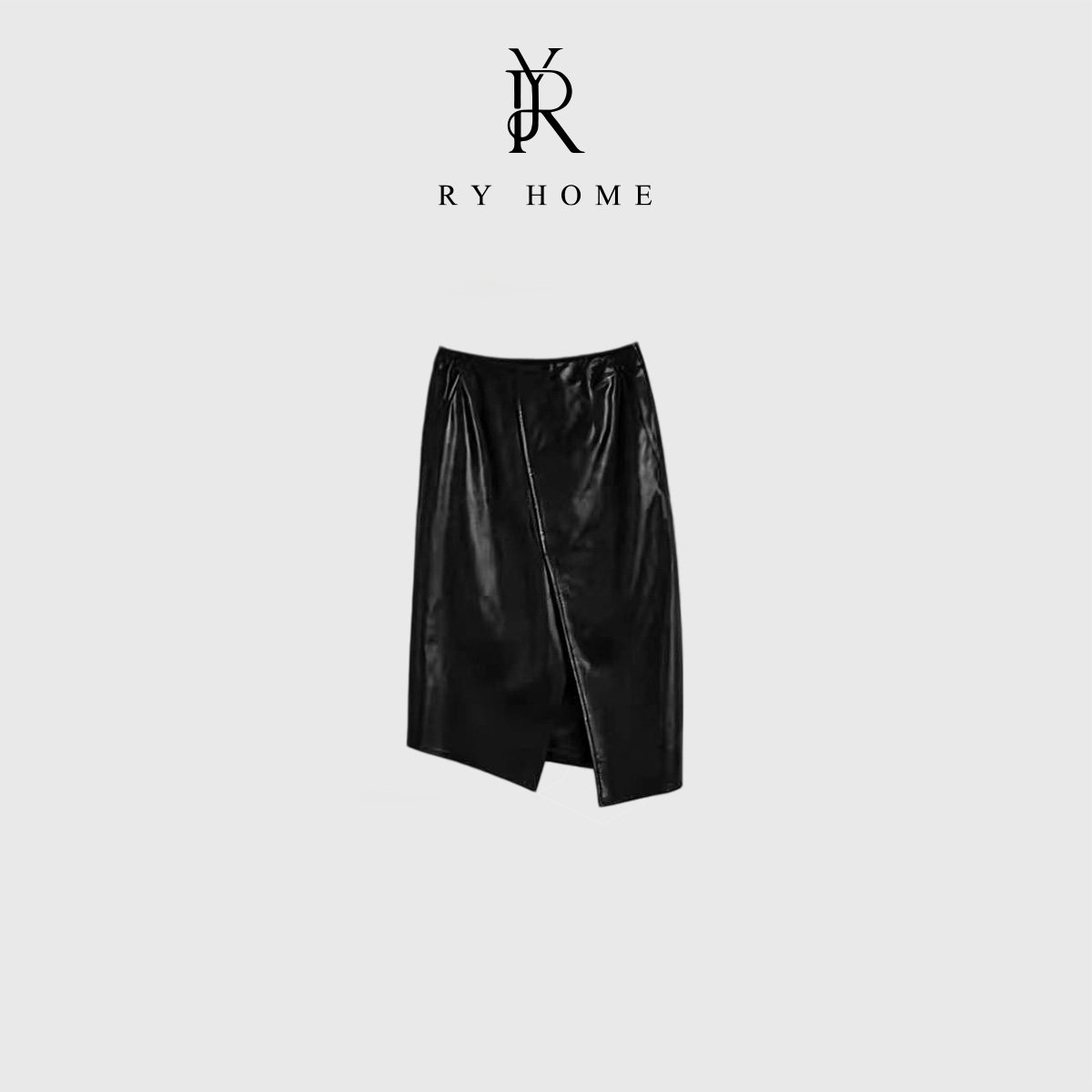 RYHOME 容雨 山羊皮半身裙女黑色前开叉中长裙显瘦百搭酷感皮裙