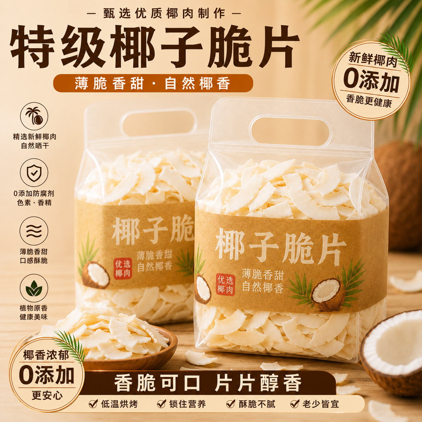 椰子片脆片香烤椰肉干椰片碎脆椰角肉海南特产无糖精烘焙商用零食